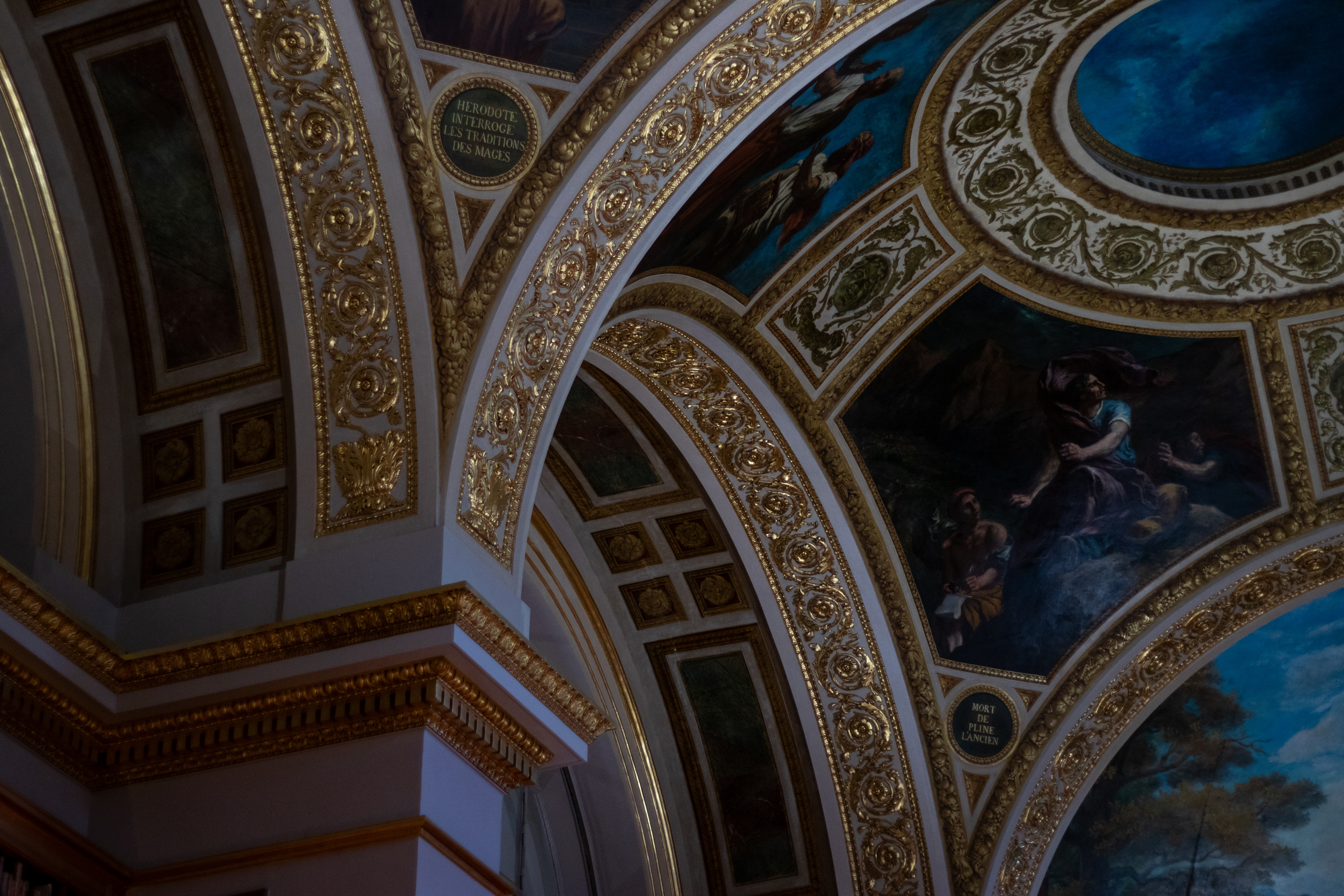Détails de l'architecture des plafonds de la bibliothèque de l'Assemblée Nationale à Paris